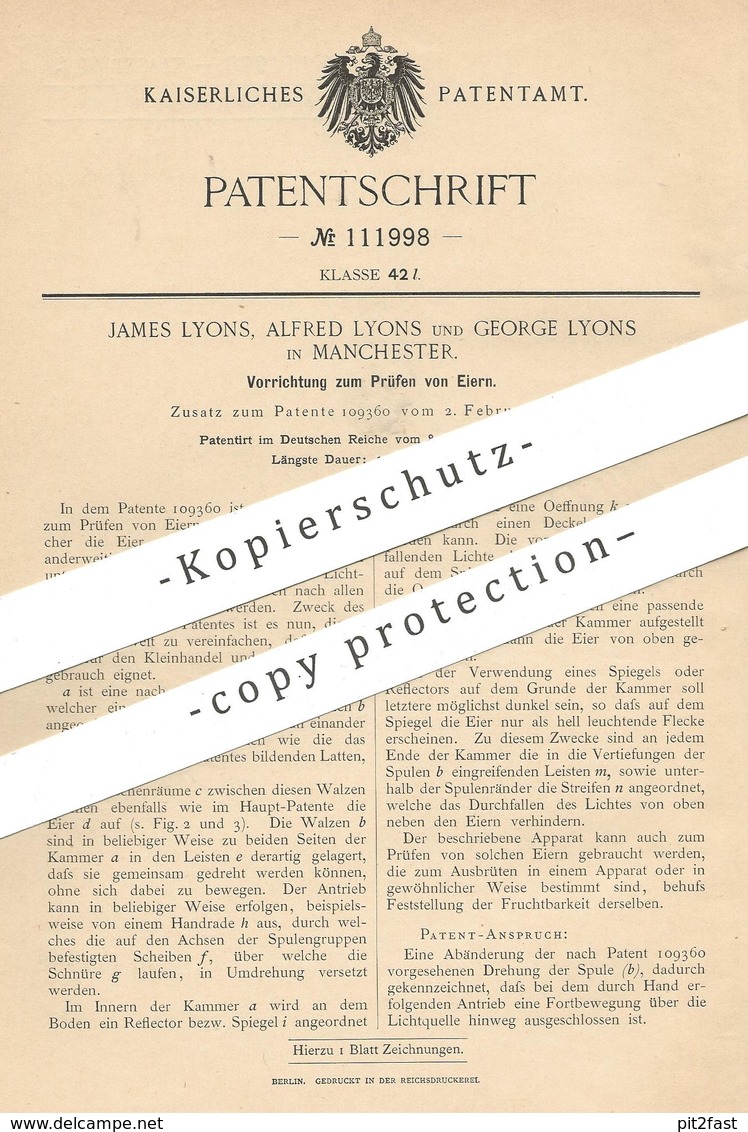 Original Patent - James , Alfred Und George Lyons , Manchester , England  1899 , Prüfen Der Eier | Ei | Walze | Hühnerei - Historische Dokumente