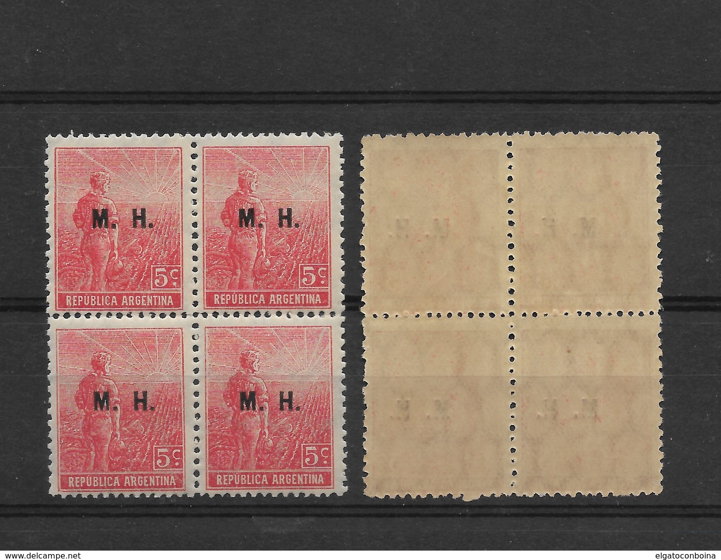 ARGENTINA 1912 FARMER AGRICULTURE 5 C OVERPRINTED M.H. MINISTERIAL BLOCK OF 4  MINT NEVER HINGED - Neufs