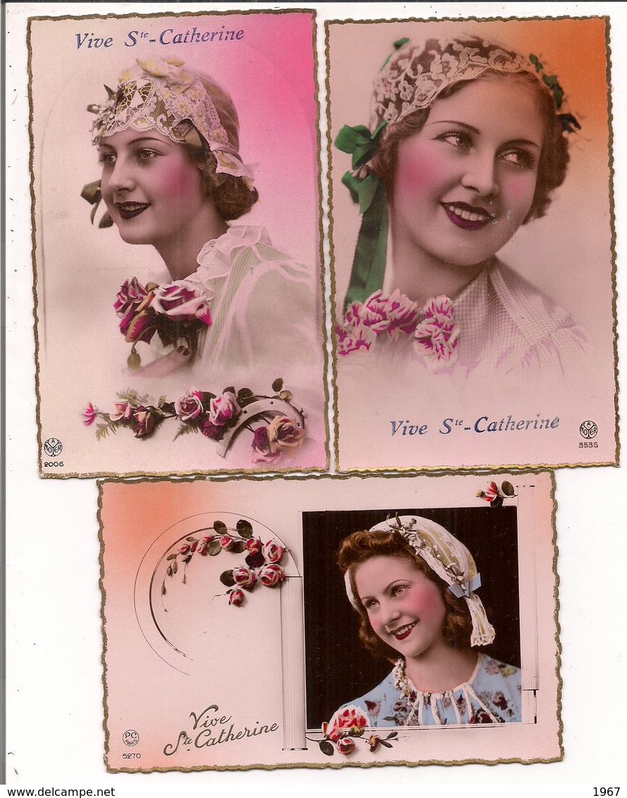 Lot De 3 CPSM Bords Dorés Fond Rose -   VIVE SAINTE-CATHERINE  (Chapeaux) - Saint-Catherine's Day