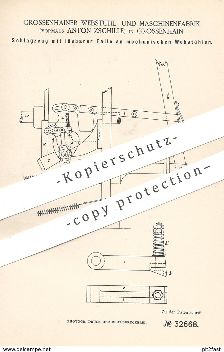 Original Patent - Webstuhl- U. Maschinenfabrik , Vorm. Anton Zschille , Grossenhain / Dresden | Schlagzeug Am Webstuhl - Historische Dokumente