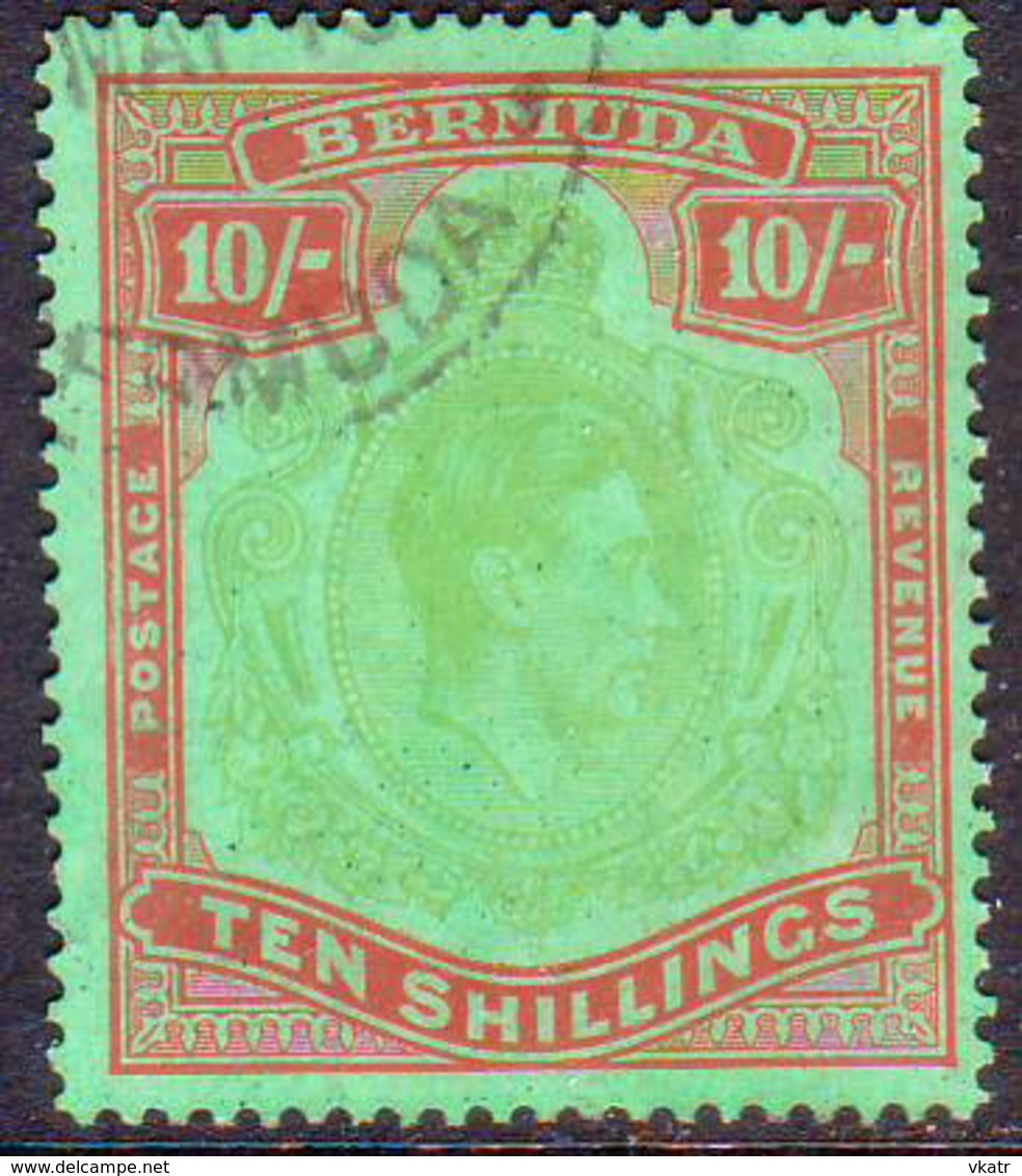 BERMUDA 1939 SG #119a 10sh Perf.14 Used Bluish Green And Deep Red On Green CV £130.00 - Bermuda