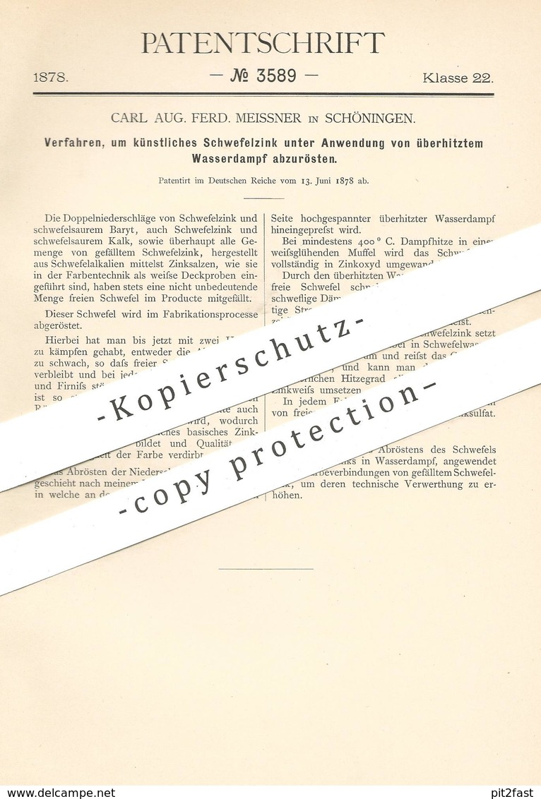 Original Patent - Carl Aug. Ferd. Meissner , Schöningen , 1878 , Rösten Von Künstlichem Schwefelzink | Schwefel - Zink ! - Historische Dokumente