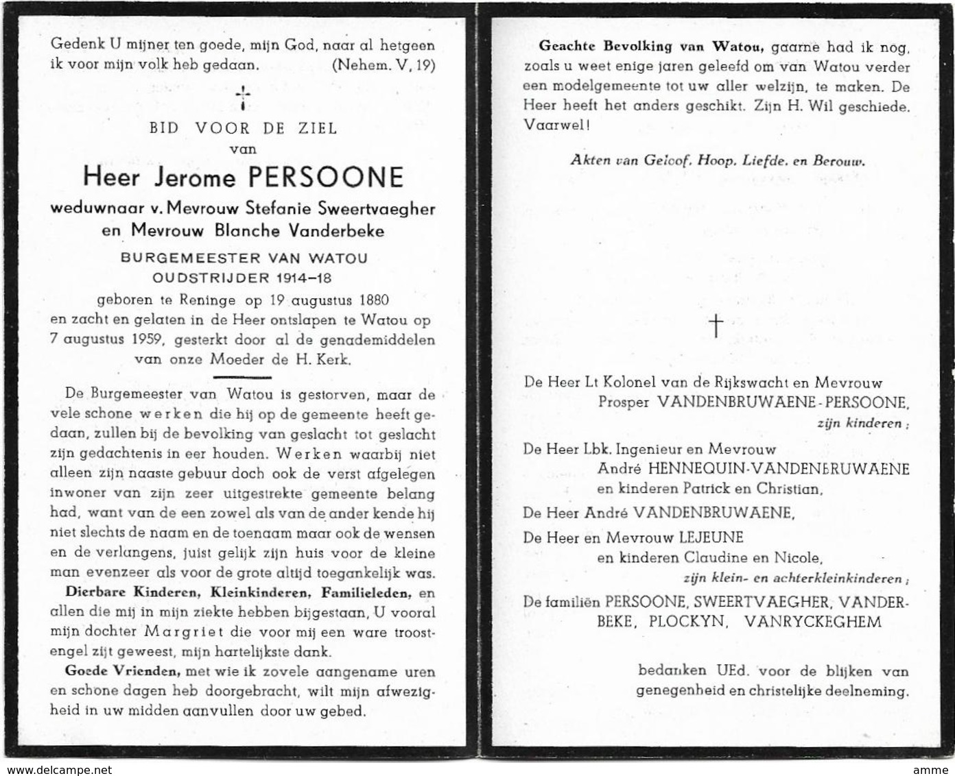 Doodsprentje  *  (Burgemeester) Persoone Jerome (° Reninge 1880 / + Watou 1959) X Sweertvaegher S. & Vanderbeke B. - Religion & Esotérisme