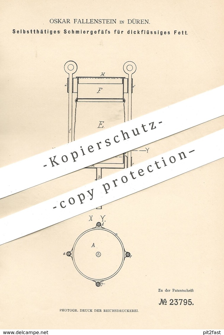 Original Patent - Oskar Fallenstein , Düren , 1882 , Schmiergefäß Für Dickflüssiges Fett | Schmieröl , Öl | Fette !! - Historische Dokumente