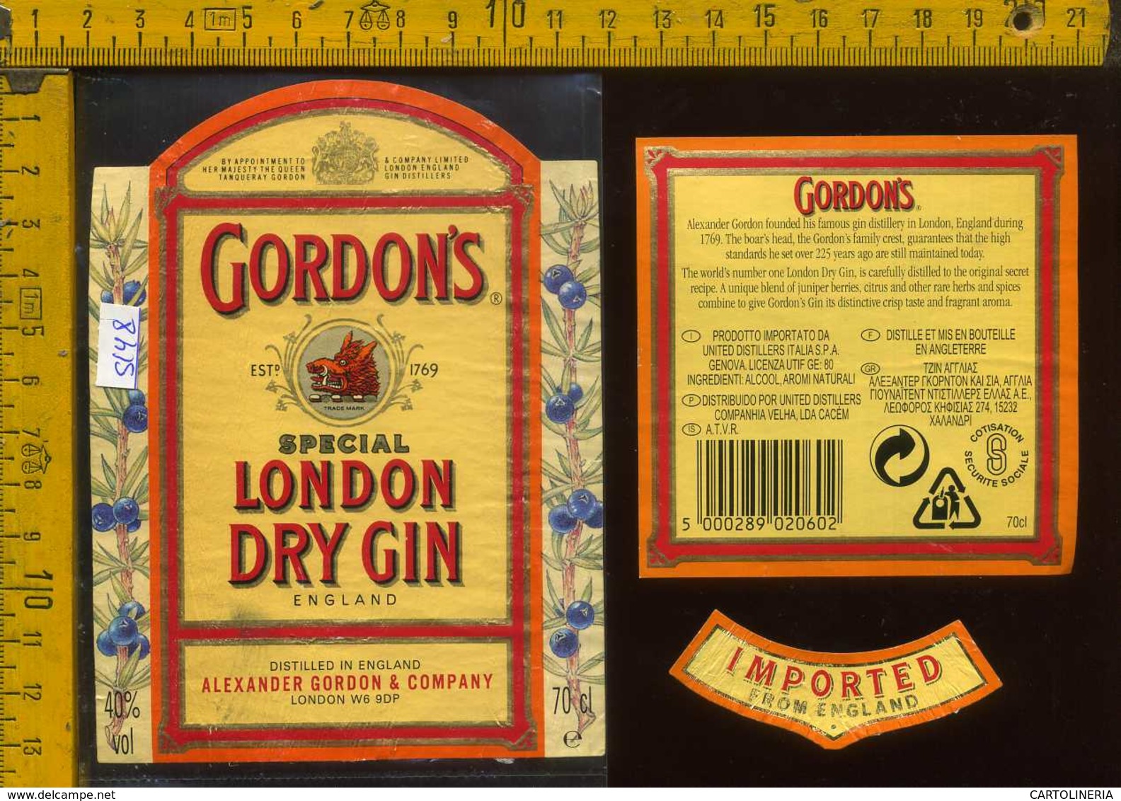 Etichetta Vino Liquore London Dry Gin  Gordon's - Inghilterra - Altri & Non Classificati