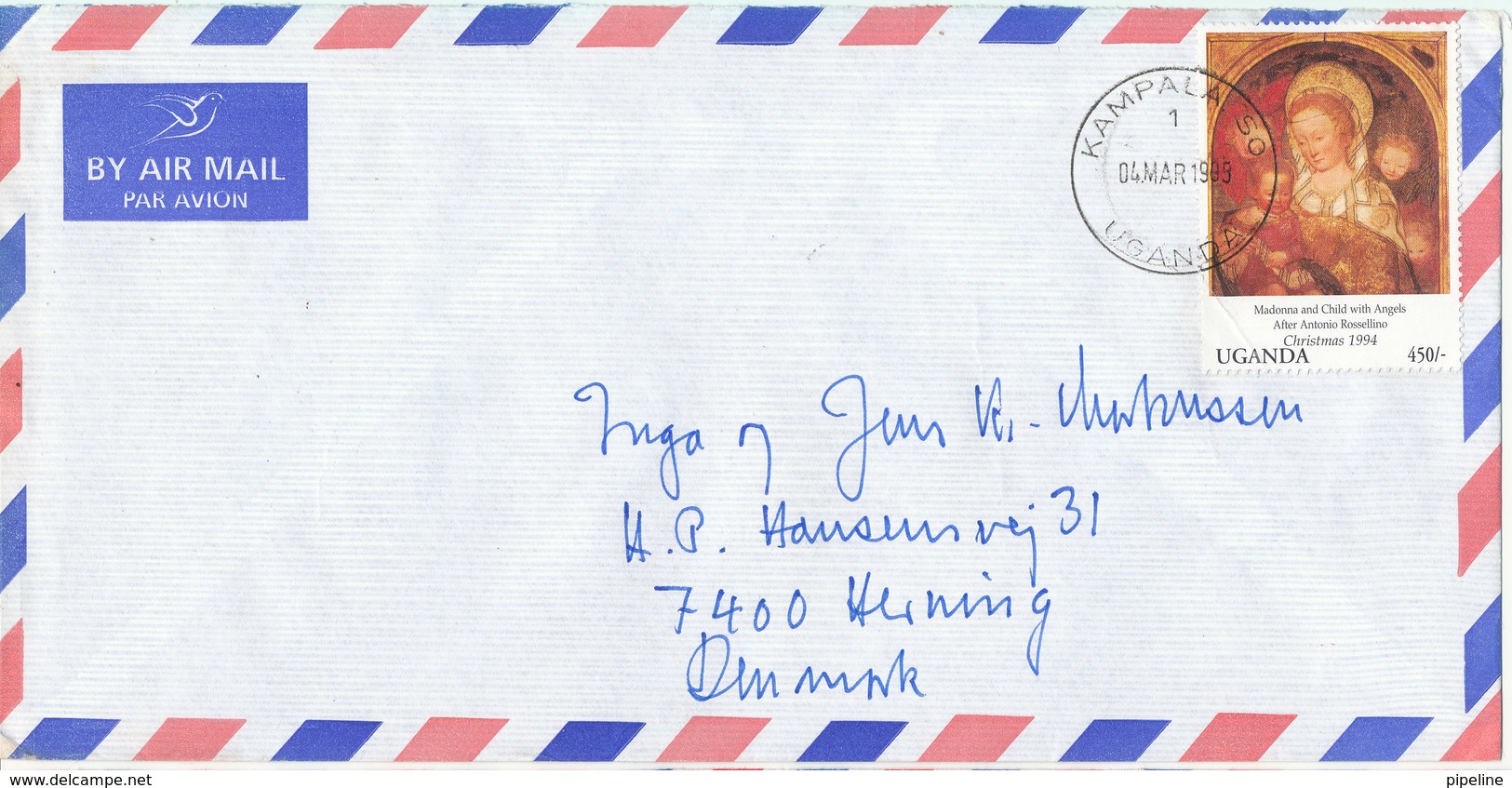 Uganda Air Mail Cover Sent To Denmark Kampala 4-3-1995 (fold On The Stamp) Single Franked - Uganda (1962-...)