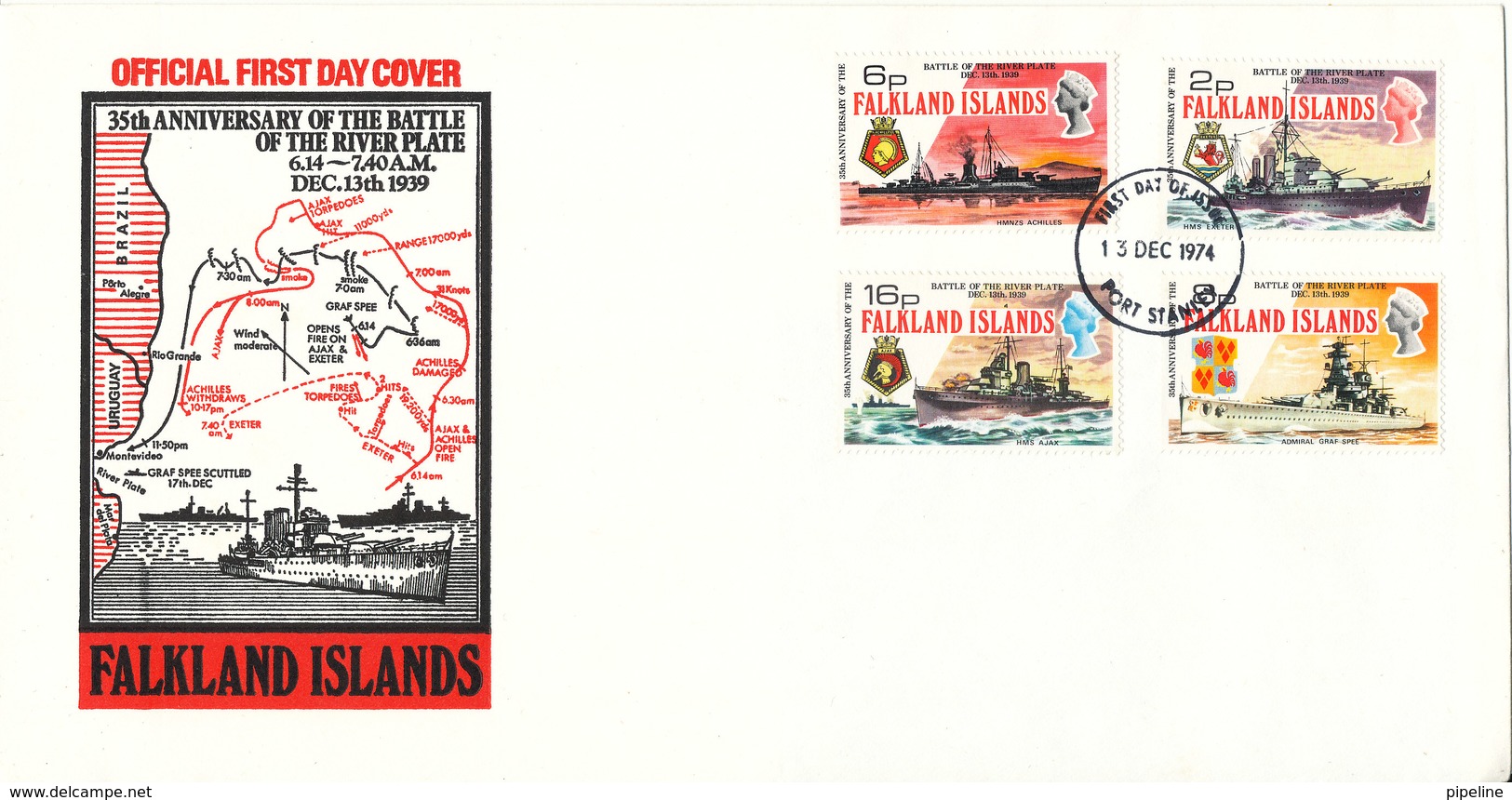 Falkland Islands FDC 13-12-1974 35th. Anniversary Of The Battle Of The River Plate 13-12-1939 With Cachet - Falkland