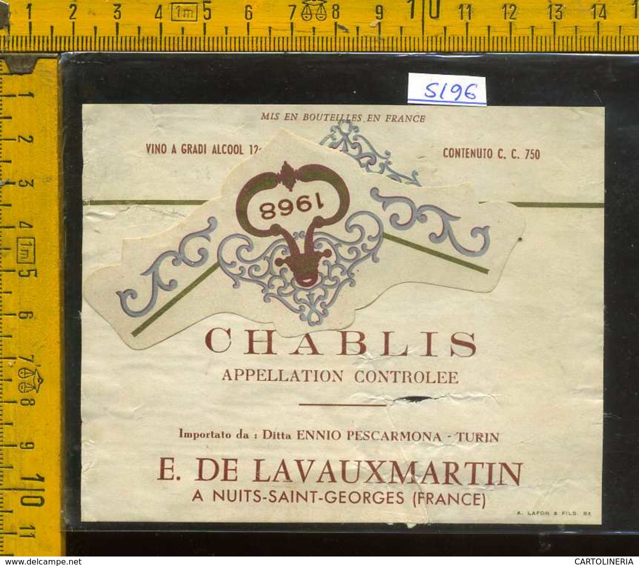 Etichetta Vino Liquore Chablis 1968 - Francia (difetto) - Altri & Non Classificati