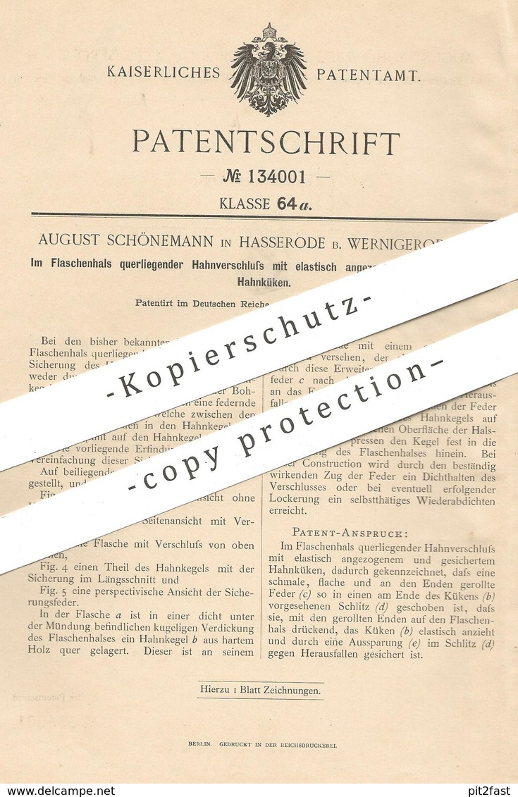 Original Patent - August Schönemann , Hasserode / Wernigerode / Harz , 1901 , Im Flaschenhals Liegender Hahnverschluss - Historische Dokumente