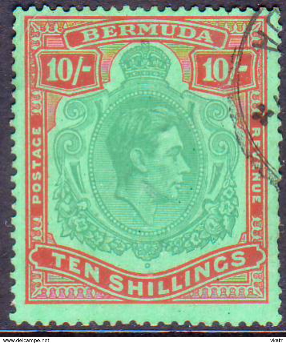 BERMUDA 1946 SG #119d 10sh Perf.14 Used Deep Green And Dull Red On Green(emerald Back) CV £70.00 Ordinary Paper - Bermuda