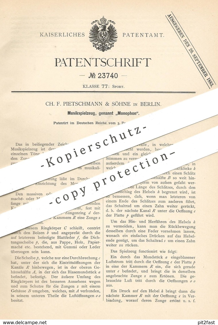 Original Patent - Ch. F. Pietschmann & Söhne , Berlin , 1882 , Monophon | Musik - Spielzeug | Spieluhr , Musikwerk !!! - Historische Documenten