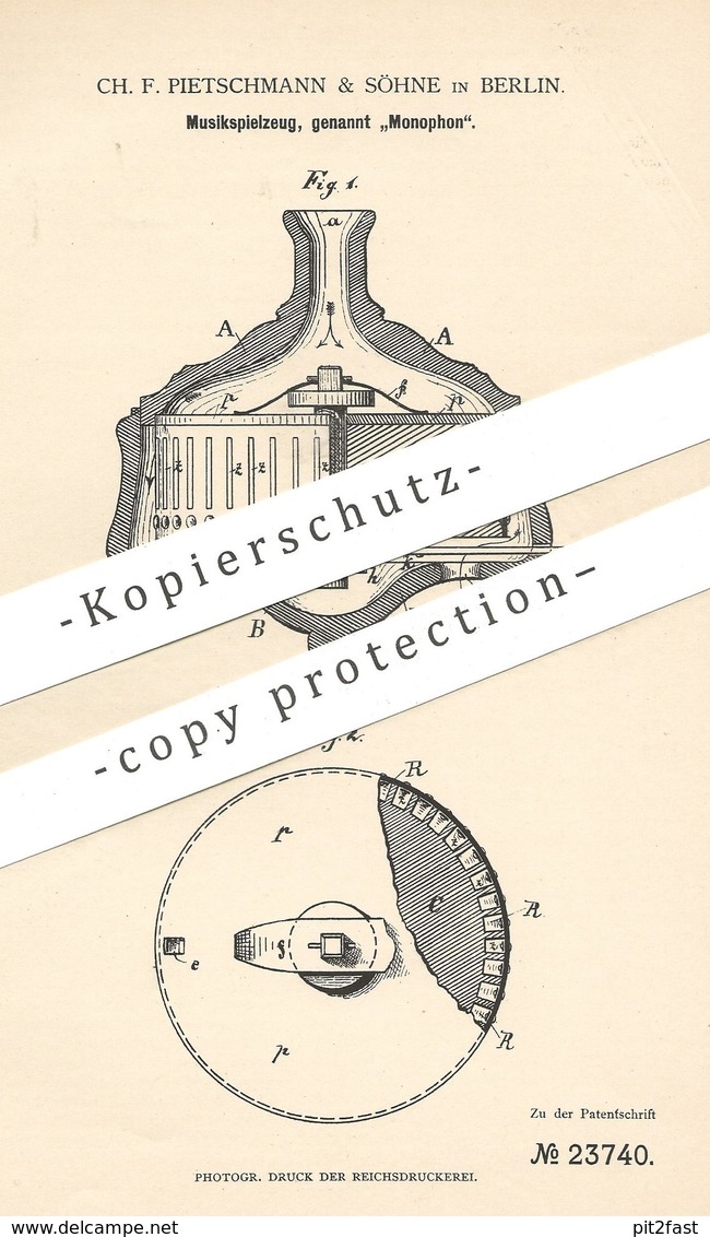 Original Patent - Ch. F. Pietschmann & Söhne , Berlin , 1882 , Monophon | Musik - Spielzeug | Spieluhr , Musikwerk !!! - Historical Documents