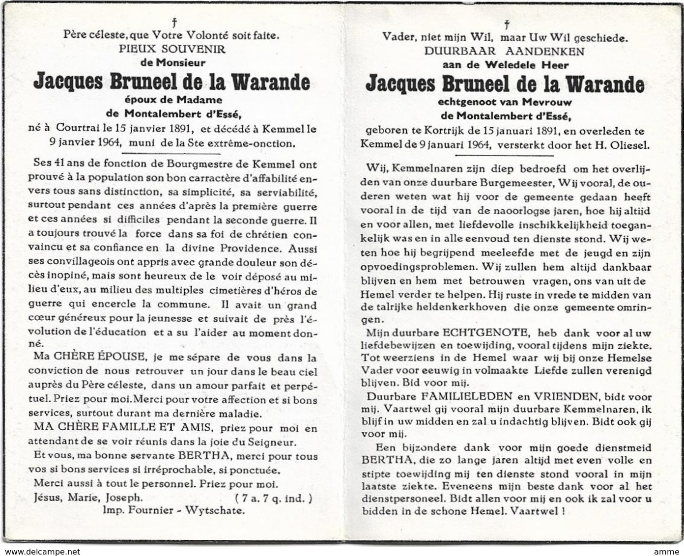 Doodsprentje  *  (Burgemeester) Bruneel De La Warande Jacques (° Kortrijk 1891 / + Kemmel 1964) X De Montalembert D'Esse - Religion & Esotérisme