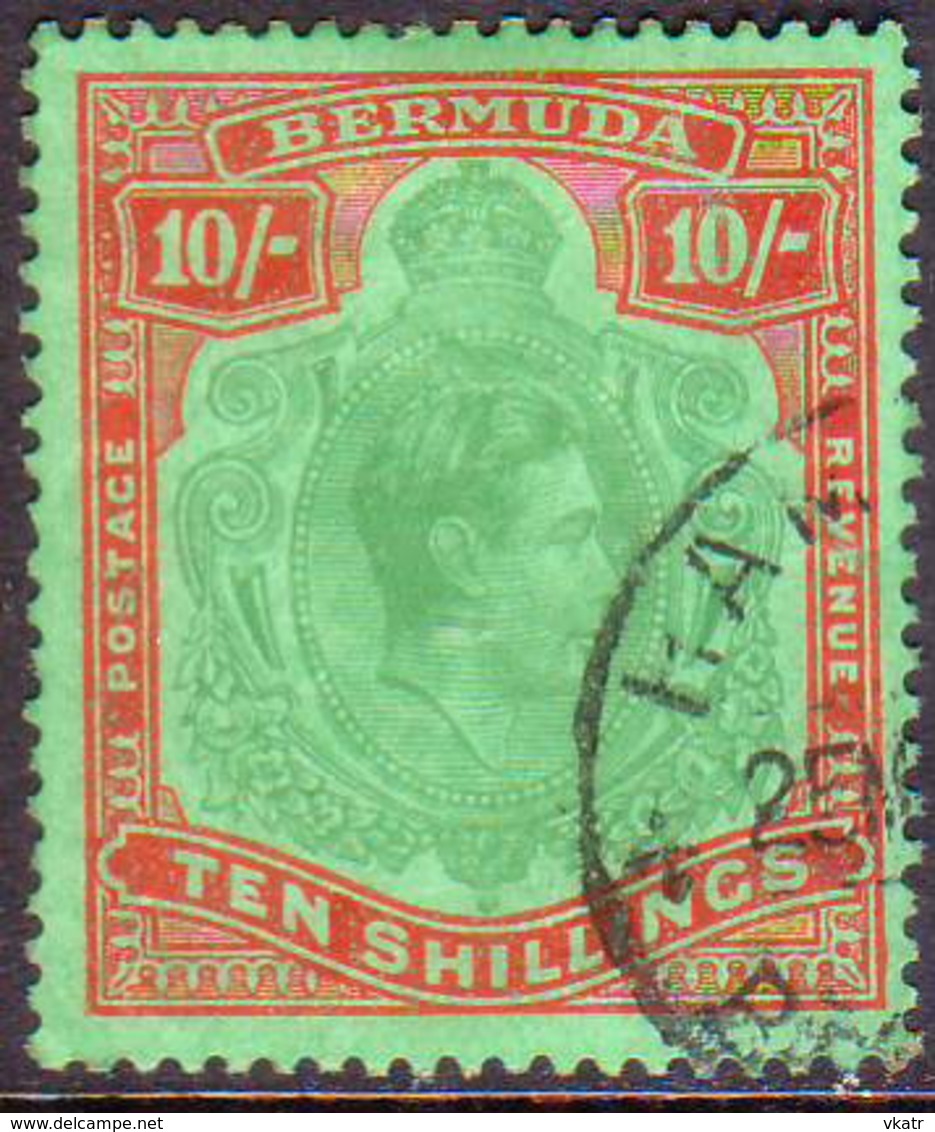 BERMUDA 1953 SG #119f 10sh Perf.13 Used Green And Dull Red On  Green CV £65.00 Ordinary Paper - Bermuda