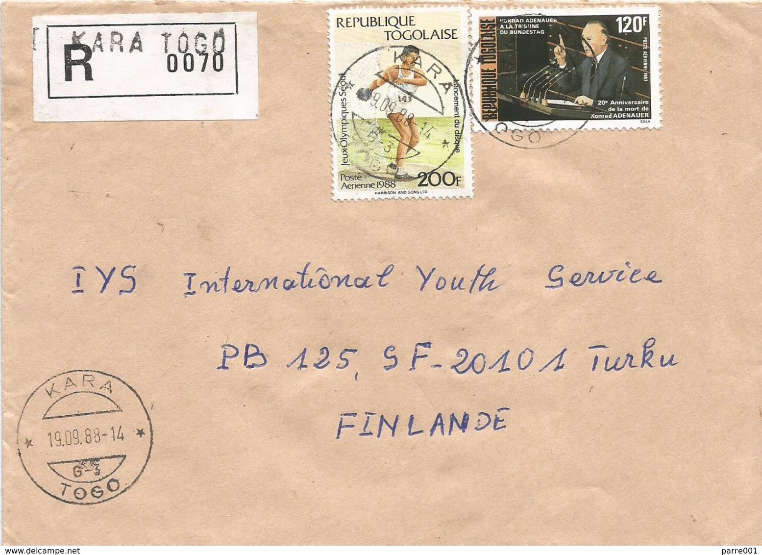 Togo 1988 Kara G3 Konrad Adenauer Bundestag Disc Seoul Registered Cover - Togo (1960-...)