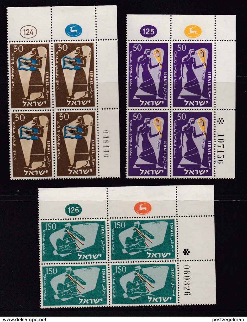 ISRAEL, 1956, Cylinder Corner Blocks Stamps, (No Tab),  New Year - Music,  SGnr(s). 131-133, X873 - Ongebruikt (zonder Tabs)