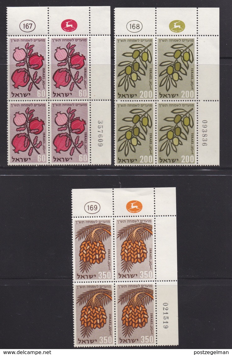 ISRAEL, 1959, Cylinder Corner Blocks Stamps, (No Tab), New Year - Fruit,  SGnr(s). 166-168, X880A - Ongebruikt (zonder Tabs)