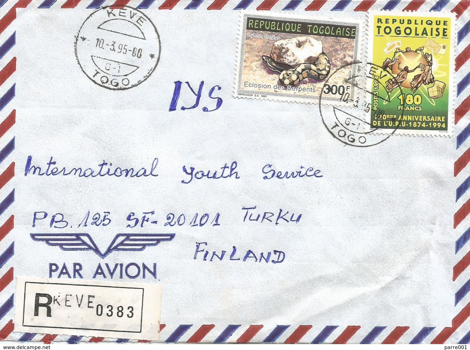 Togo 1995 Keve G1 Snake Reptile Python Regius UPU Registered Cover - Togo (1960-...)