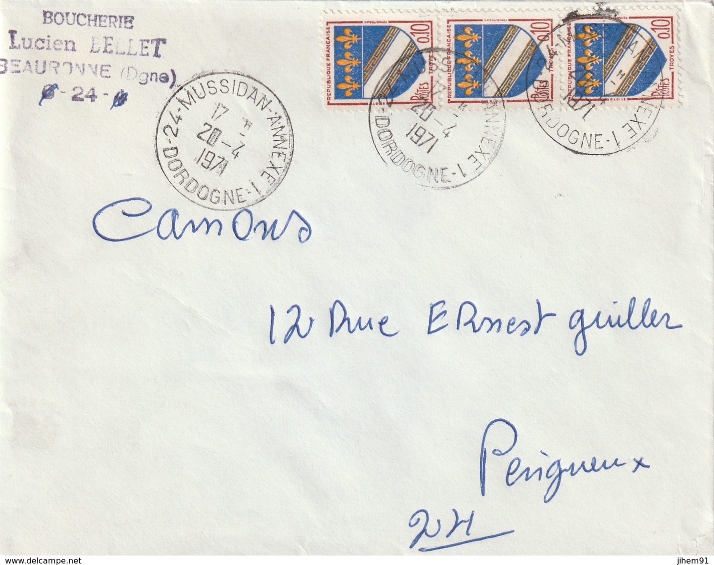 Lettre De "Mussidan Annexe 1" (Dordogne, 24) Du 20-04-1971 Pour Périgueux (Dordogne-24) - Manual Postmarks