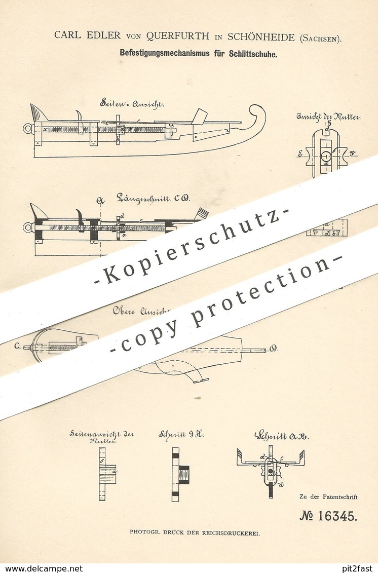 Original Patent - Carl Edler Von Querfurth , Schönheide / Sachsen , 1881 , Befestigungsmechanismus Für Schlittschuhe !!! - Historical Documents