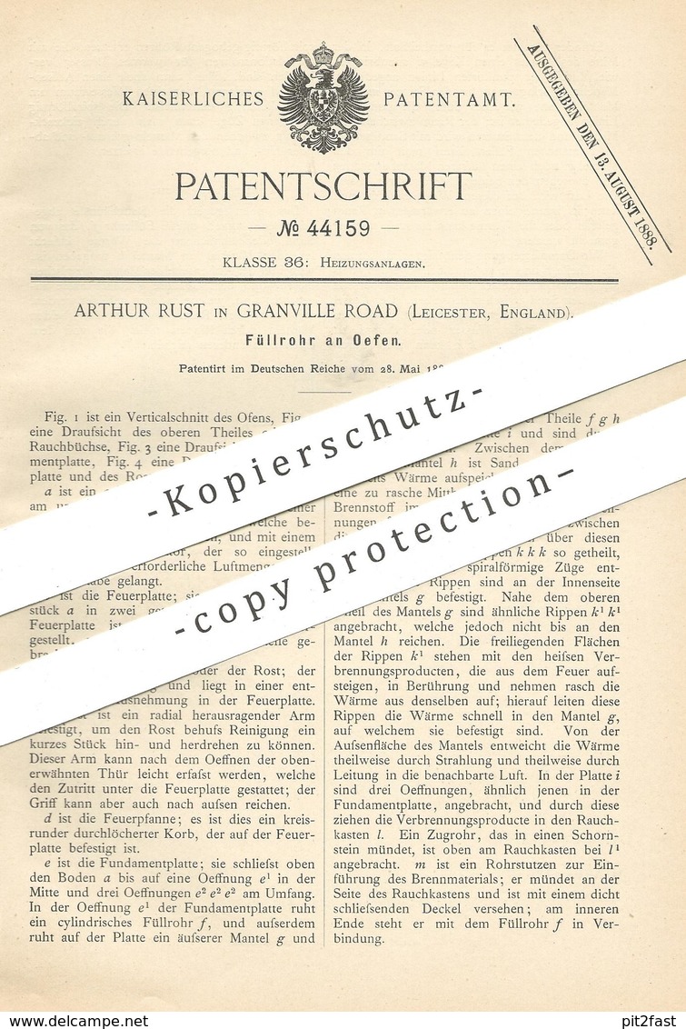Original Patent - Arthur Rust , Granville Road , Leicester , England , 1887 , Füllrohr An Ofen | Ofenbauer , Ofenrohr ! - Historische Dokumente