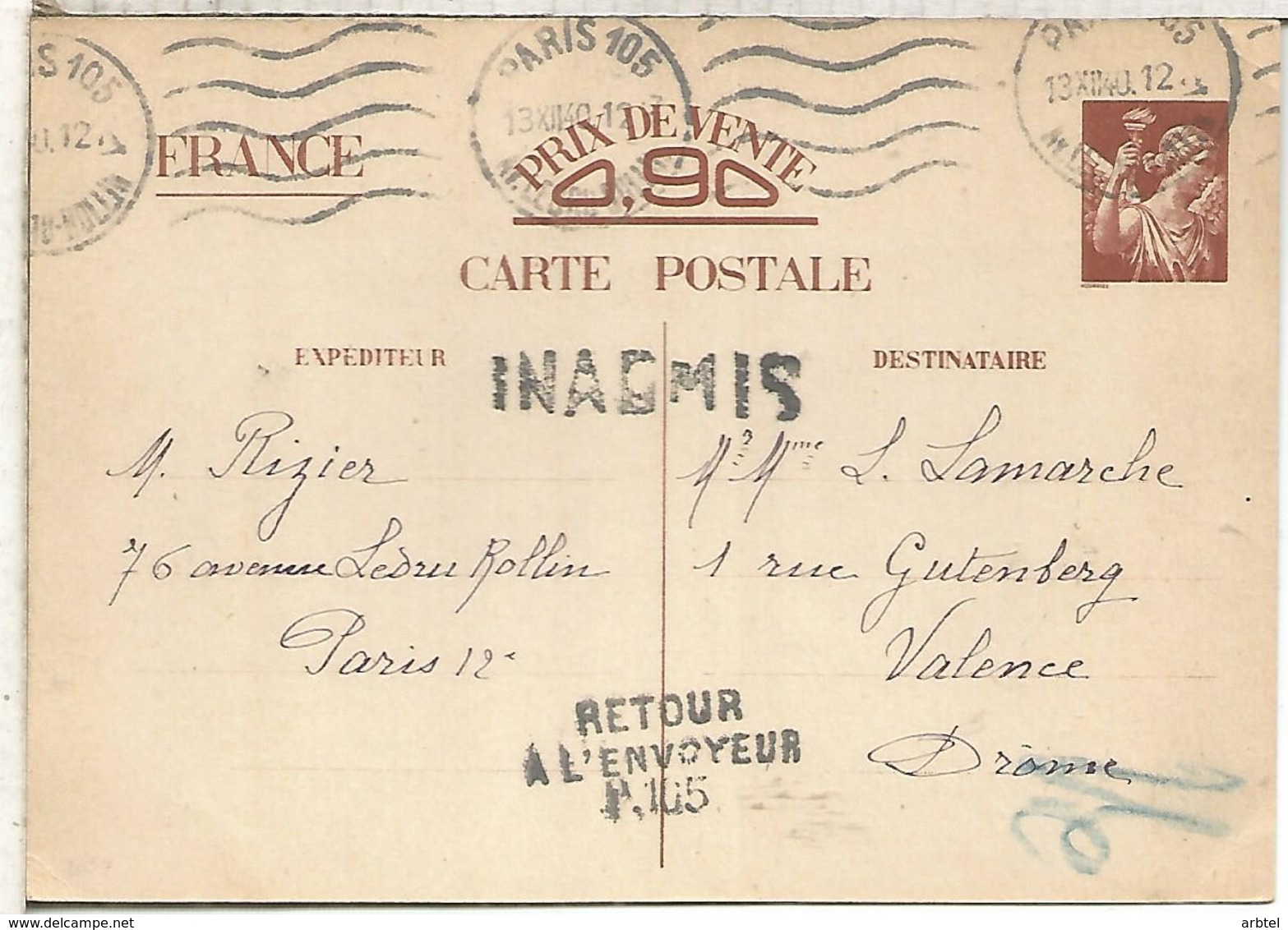 FRANCIA PARIS ENTERO POSTAL INTERZONAL A VALENCE CON MMARCAS DEVOLUCION E INADMIS 1942 - Cartas & Documentos