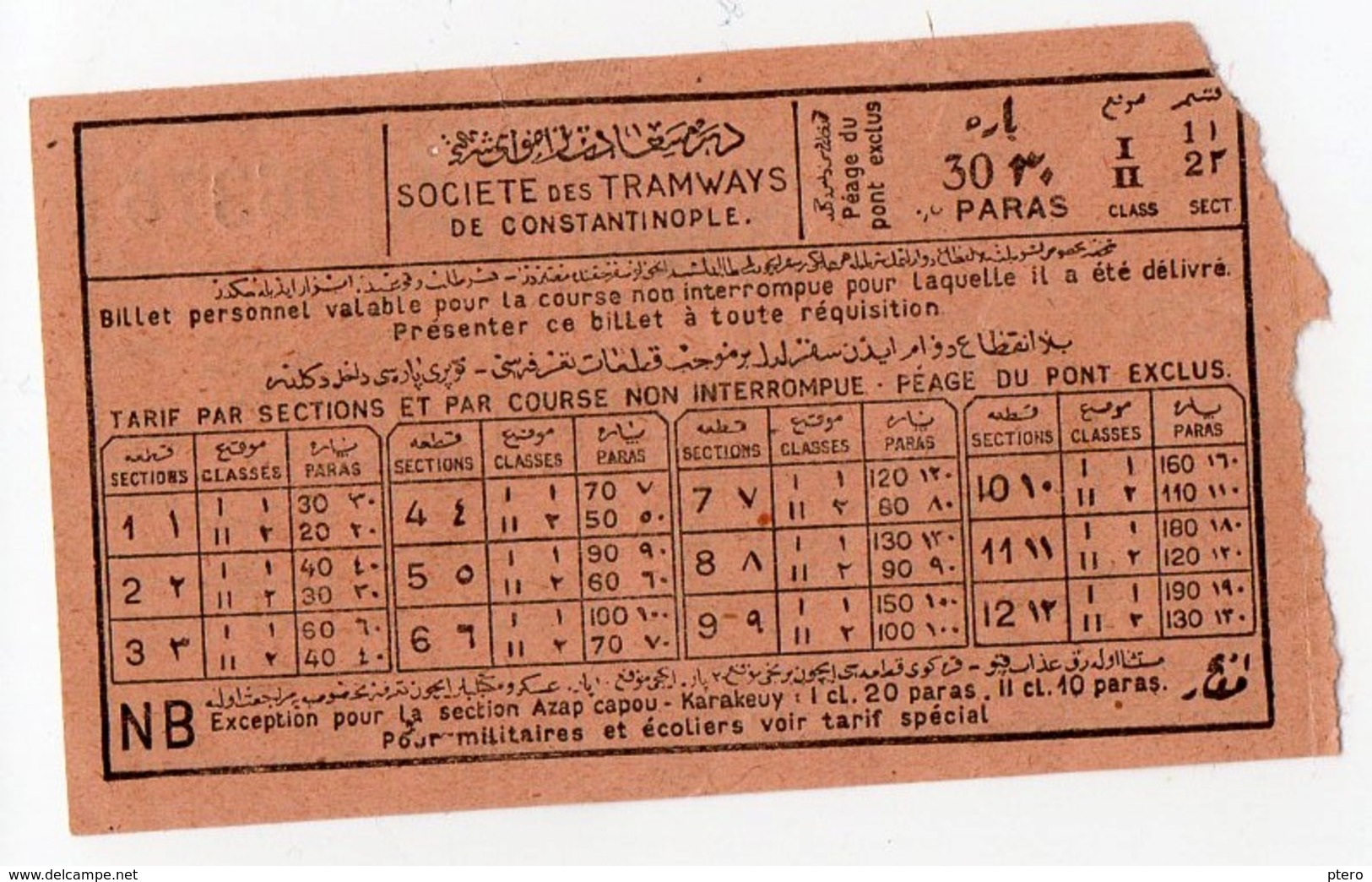 Ticket Société Des Tramways De Constantinople TURQUIE TURKEY Années 1920 30 Paras - Welt