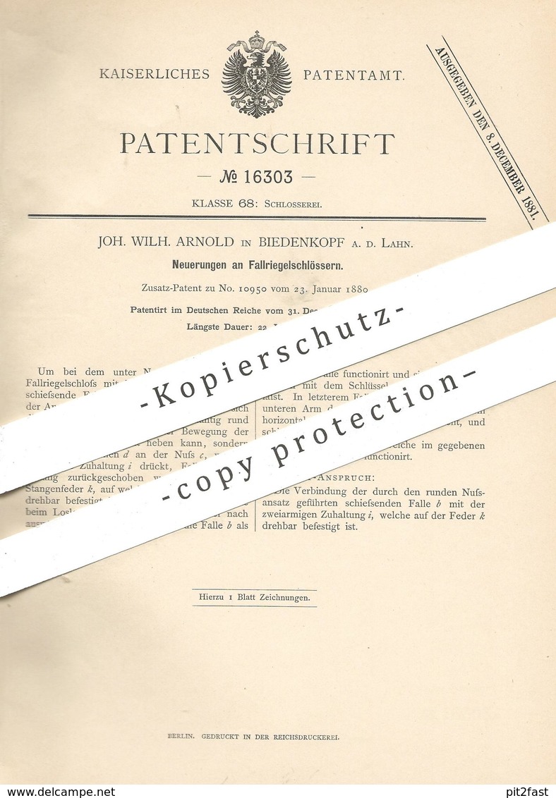 Original Patent - Joh. Wilh. Arnold , Biedenkopf / Lahn 1880 | Fallriegelschloss | Türschloss | Tür  Schloss | Schlosser - Historische Dokumente