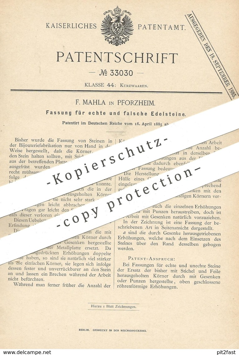 Original Patent - F. Mahla , Pforzheim 1885 , Fassung Für Edelsteine | Schmuck , Goldschmied | Edelstein | Gold , Silber - Historische Dokumente