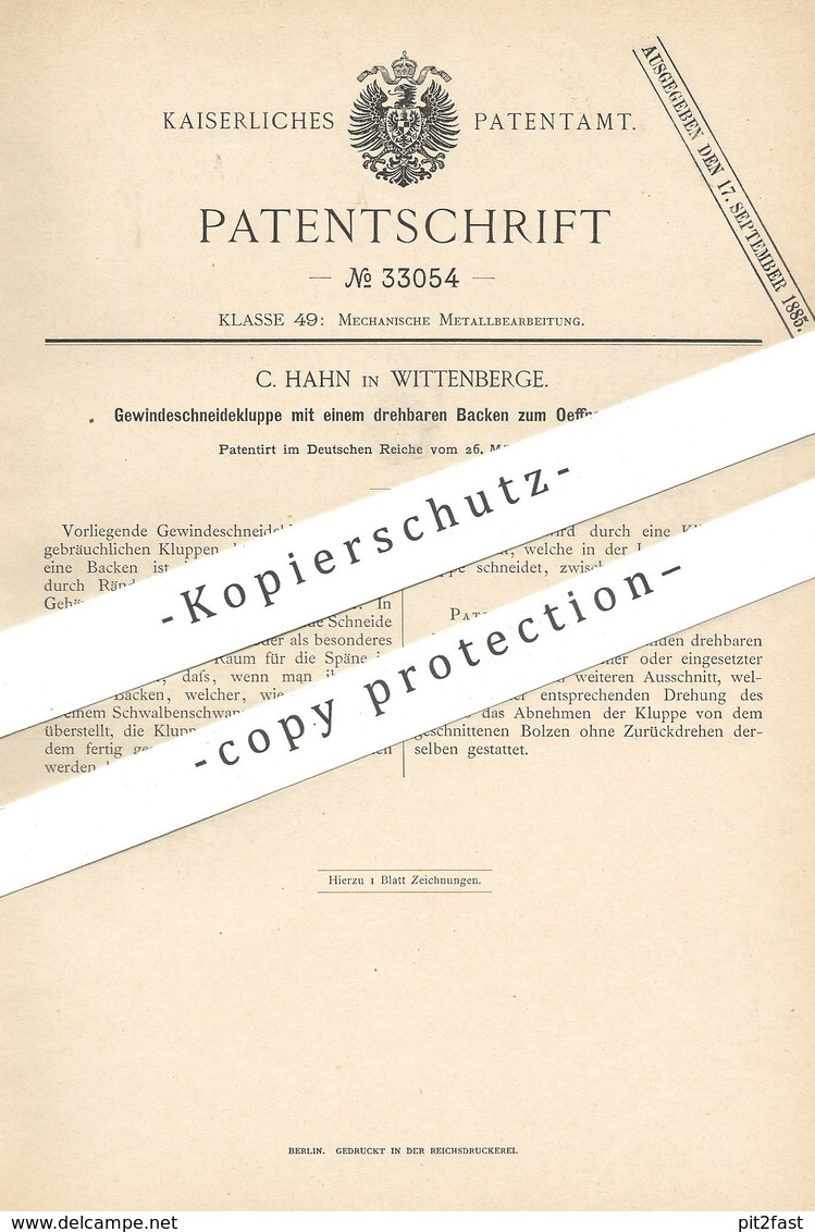 Original Patent - C. Hahn , Wittenberge , 1885 , Gewindeschneidekluppe | Kluppe , Messer , Klinge | Metall , Werkzeug - Historische Dokumente