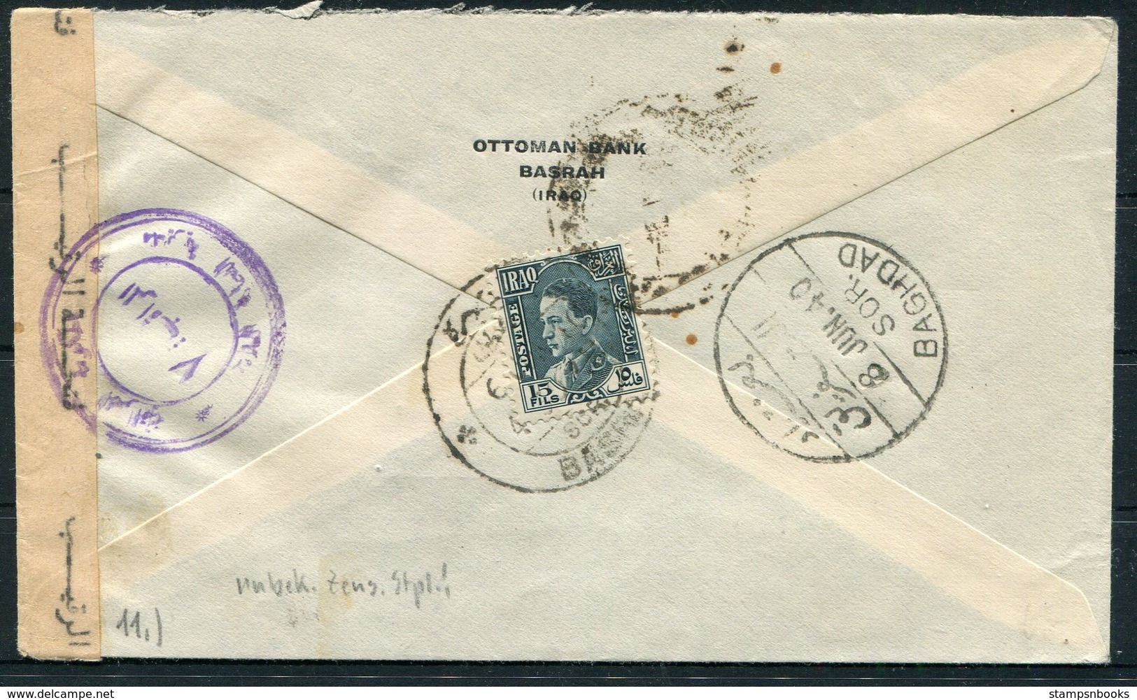 1940 Iraq Ottoman Bank, Basrah Censor Cover - Bank Mellie, Teheran Iran Persia - Iraq