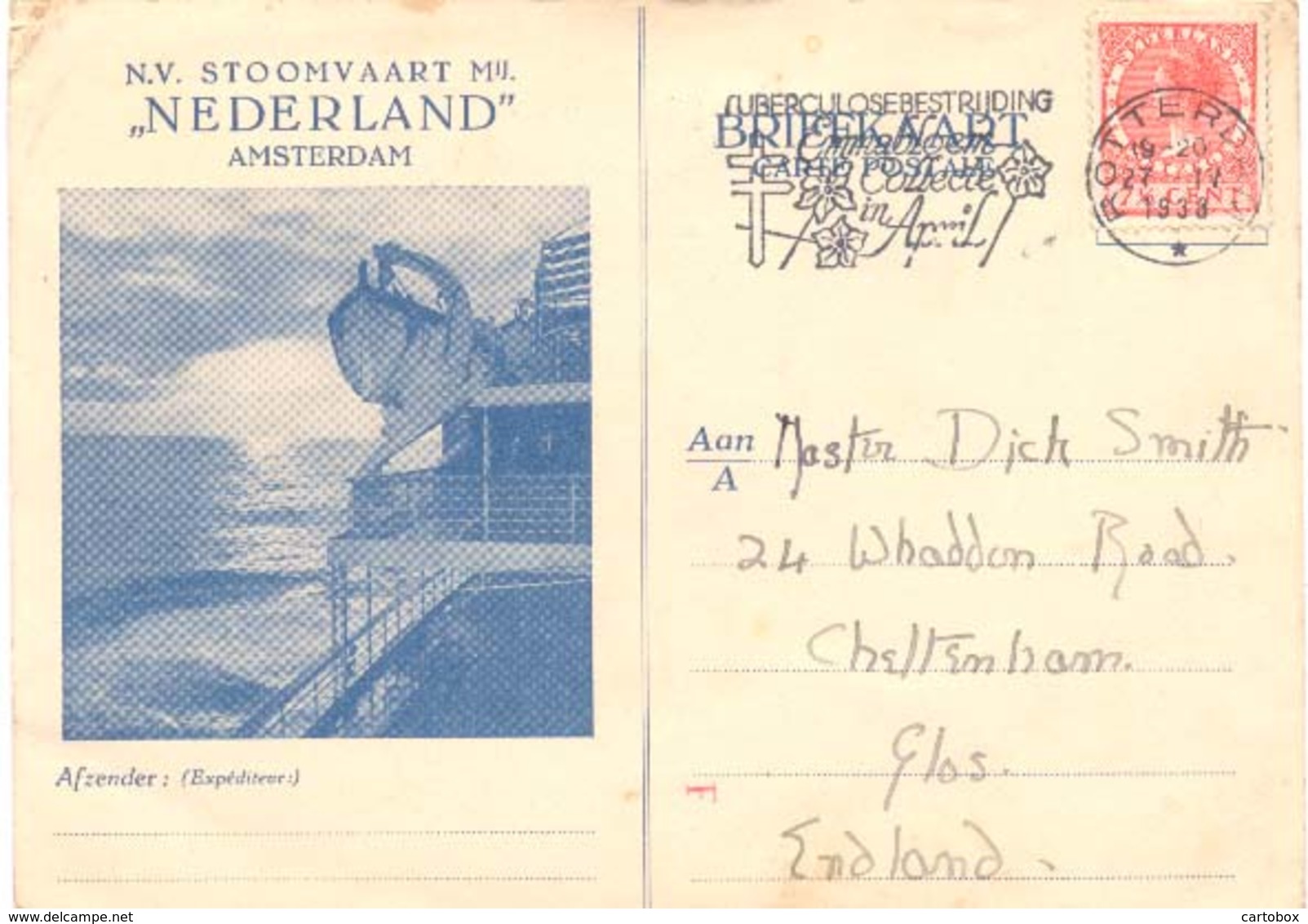 NV Stoomvaart Mij. "Nederland" Amsterdam Briefkaart (scheepvaart  Maritiem) (vanaf S.S. J. De Witt Anno 1938)   4 X Scan - Passagiersschepen