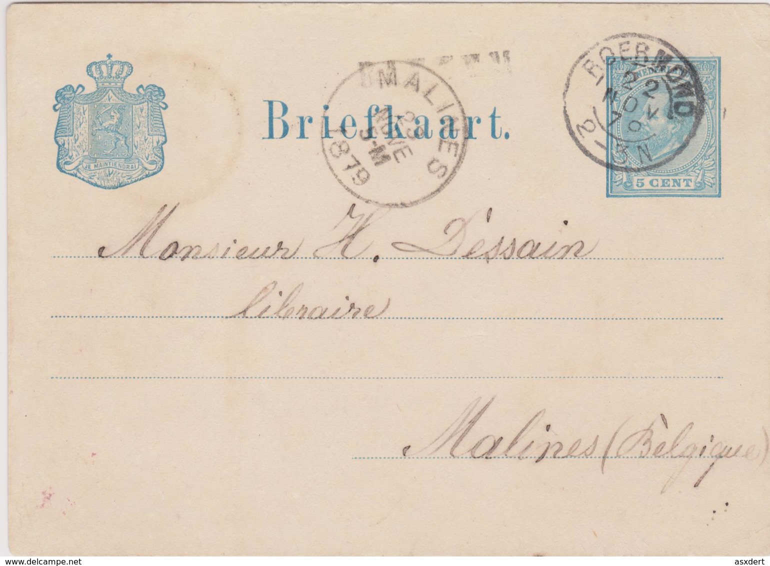 Briefkaart 1879 Van ROERMOND Naar Malines - Belgie. Verso "Hollande Par Liège" - Material Postal