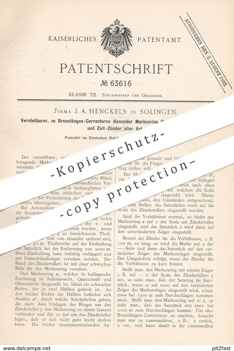 Original Patent - J. A. Henckels , Solingen , 1892 , Markenring Für Schrappnell - Zünder | Zeitzünder | Waffen , Gewehr - Historische Dokumente