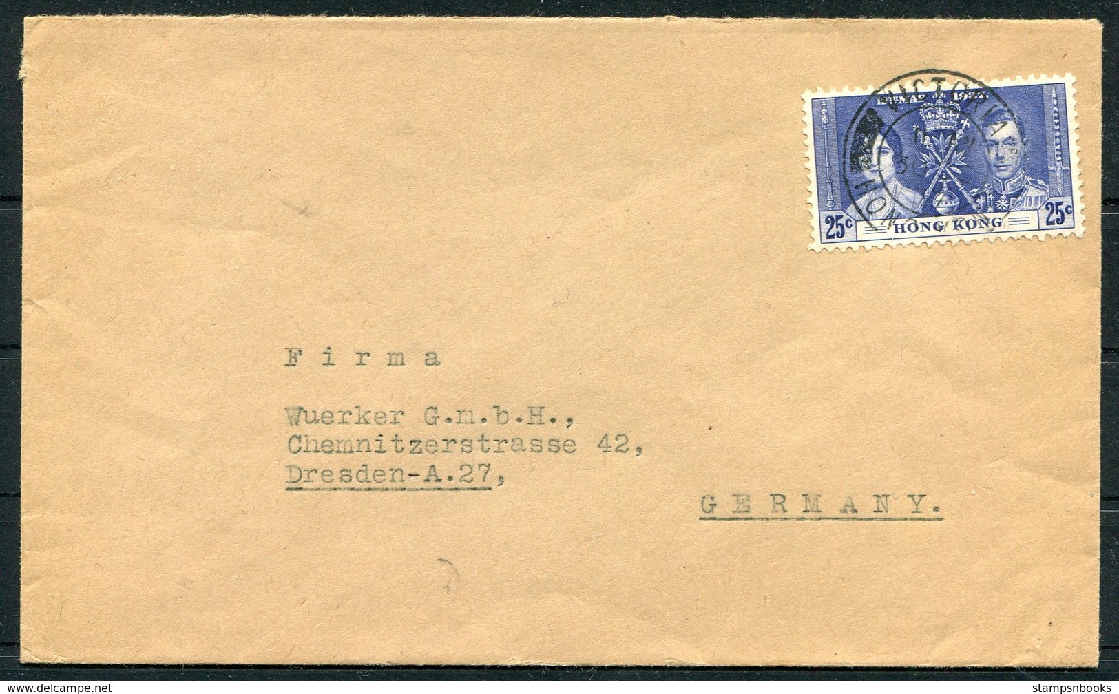 1937 Hong Kong 25c Coronation, East Asia Trading Company, Victoria Cover - Dresden Germany. - Briefe U. Dokumente