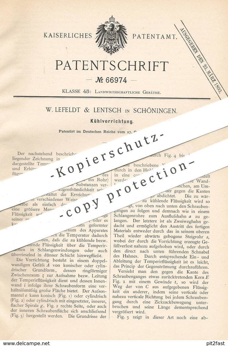 Original Patent - W. Lefeldt & Lentsch , Schöningen , 1891 , Kühlvorrichtung | Kühlung | Kühlraum , Kühlschrank !!! - Historische Dokumente