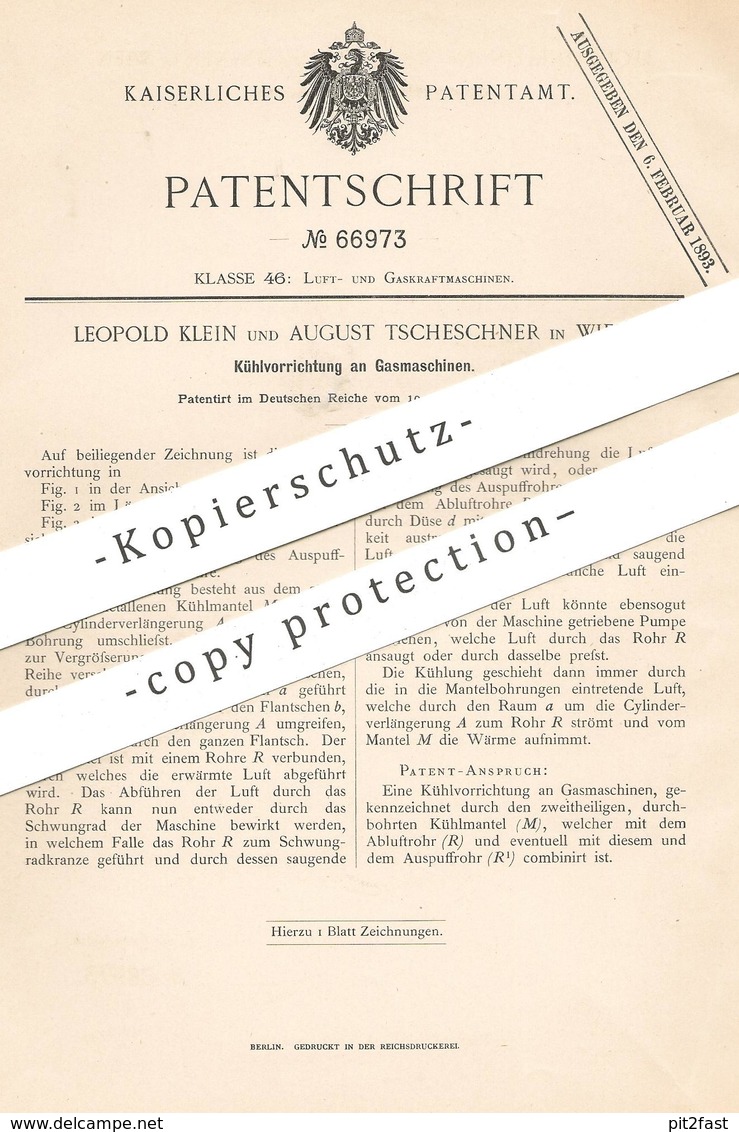 Original Patent - Leopold Klein , August Tscheschner , Wien / Österreich , 1891 , Kühlung An Gasmotor | Gas - Motor !!! - Historische Dokumente