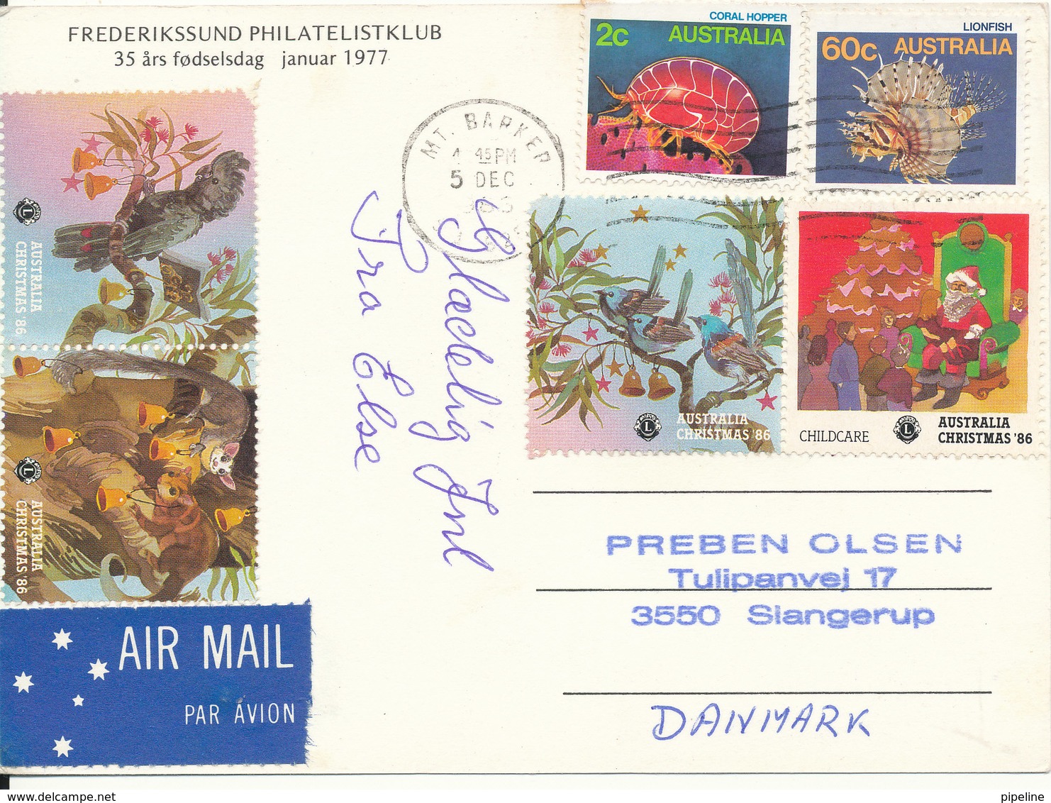 Danish Postcard Sent From Australia To Denmark 5-12-1986 With Australian Stamps And More Christmas Seals - Other & Unclassified