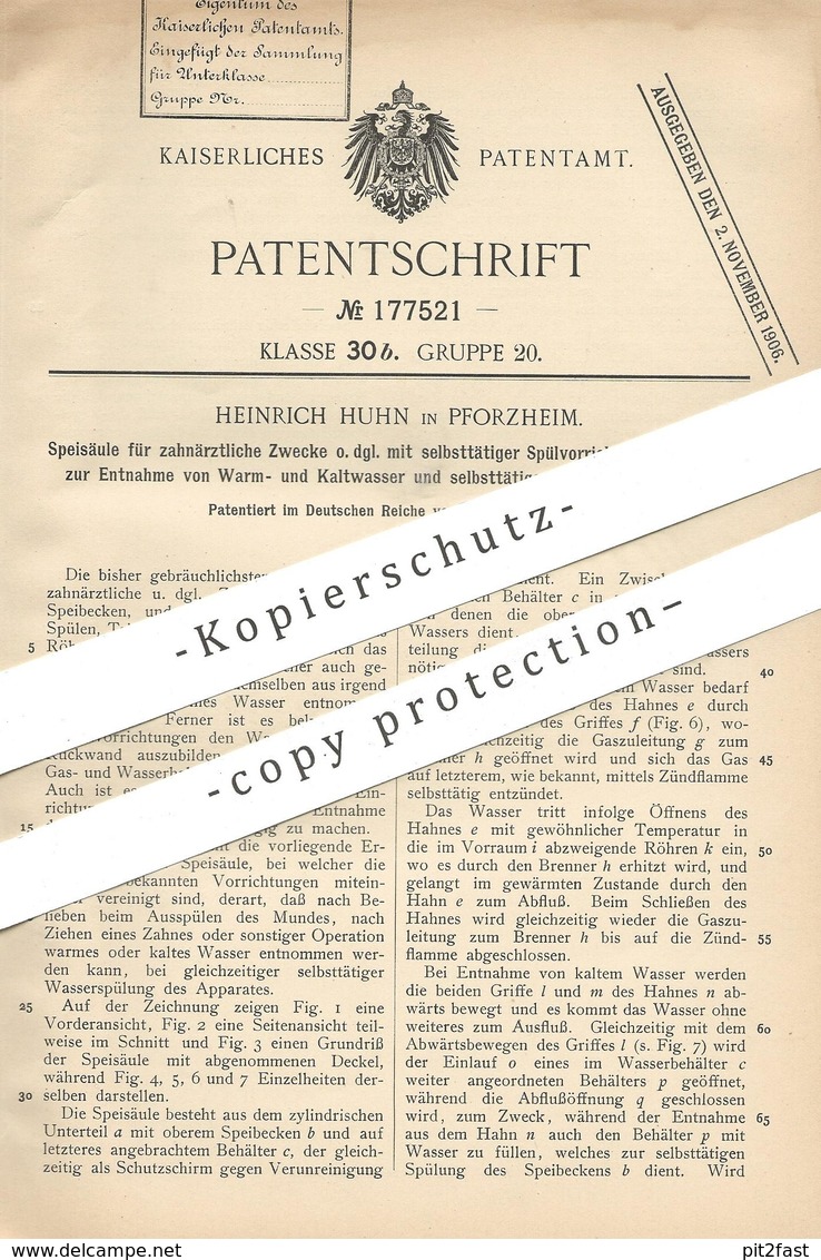 Original Patent - Heinrich Huhn , Pforzheim , 1905 , Speisäule Für Zahnärztliche Zwecke | Zahnarzt | Spülung | Medizin - Historische Dokumente