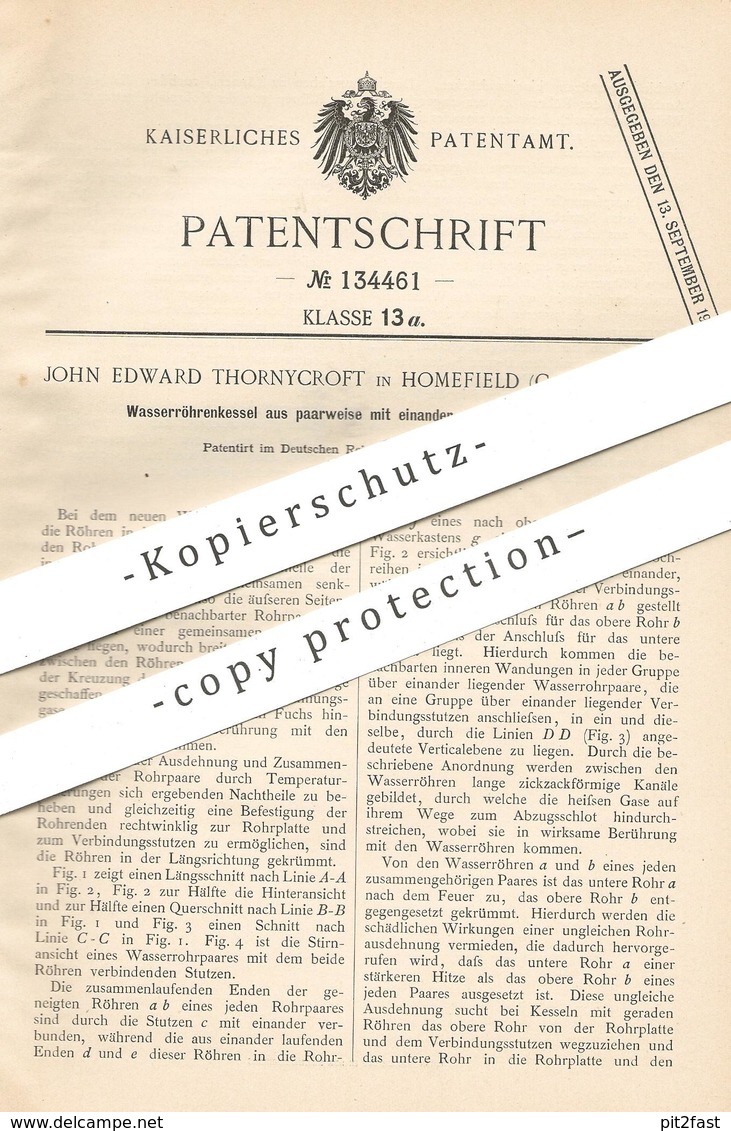 Original Patent - John Edward Thornycroft , Homefield , Chiswick , England , 1900 , Wasserröhrenkessel | Kessel !!! - Historische Dokumente