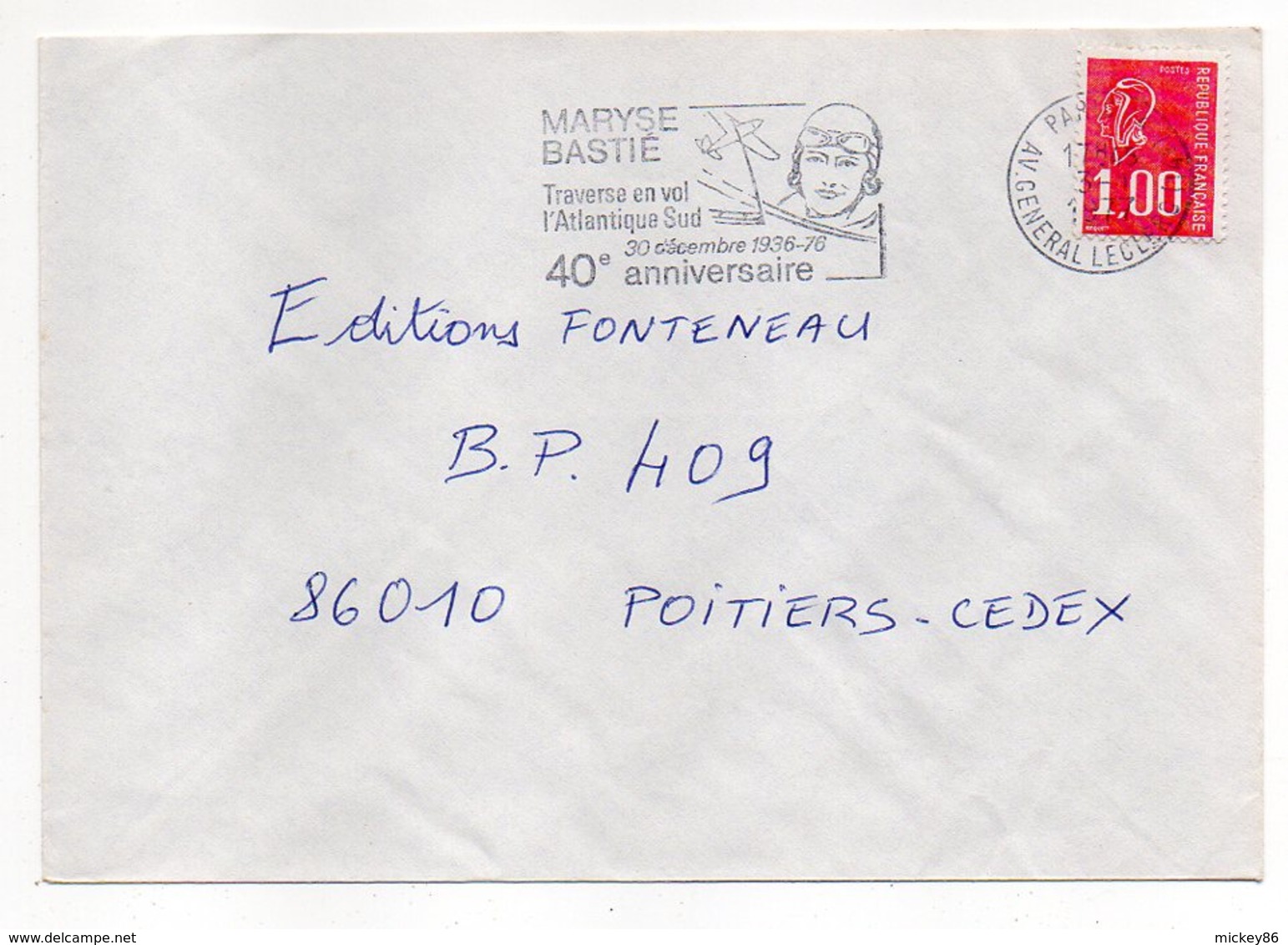 1977-lettre De PARIS-75  Pour POITIERS-86-flamme Temporaire "40°anniv.-Maryse Bastie-avion " Type Marianne Béquet - 1961-....