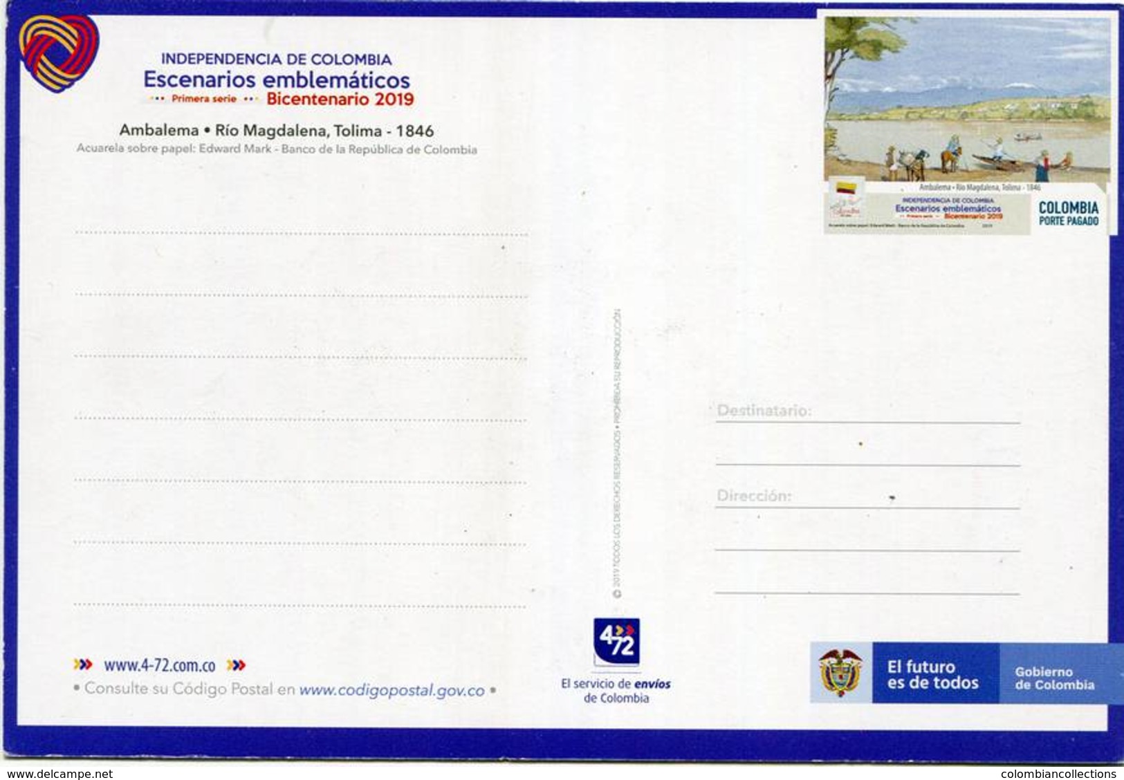 Lote PEP1339, Colombia, 2019, Entero Postal, Postcard, Historia, History, Ambalema, River, Horse - Kolumbien