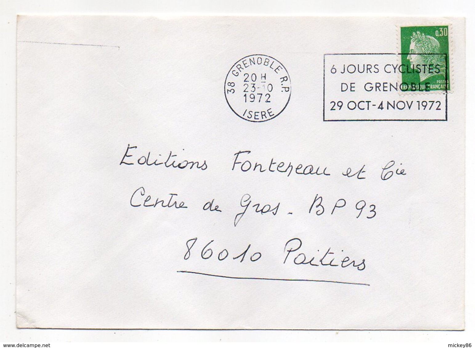 1972-lettre De GRENOBLE-38  Pour POITIERS-86-flamme Temporaire "6 Jours Cyclistes-vélo " Type Marianne Cheffer - 1961-....