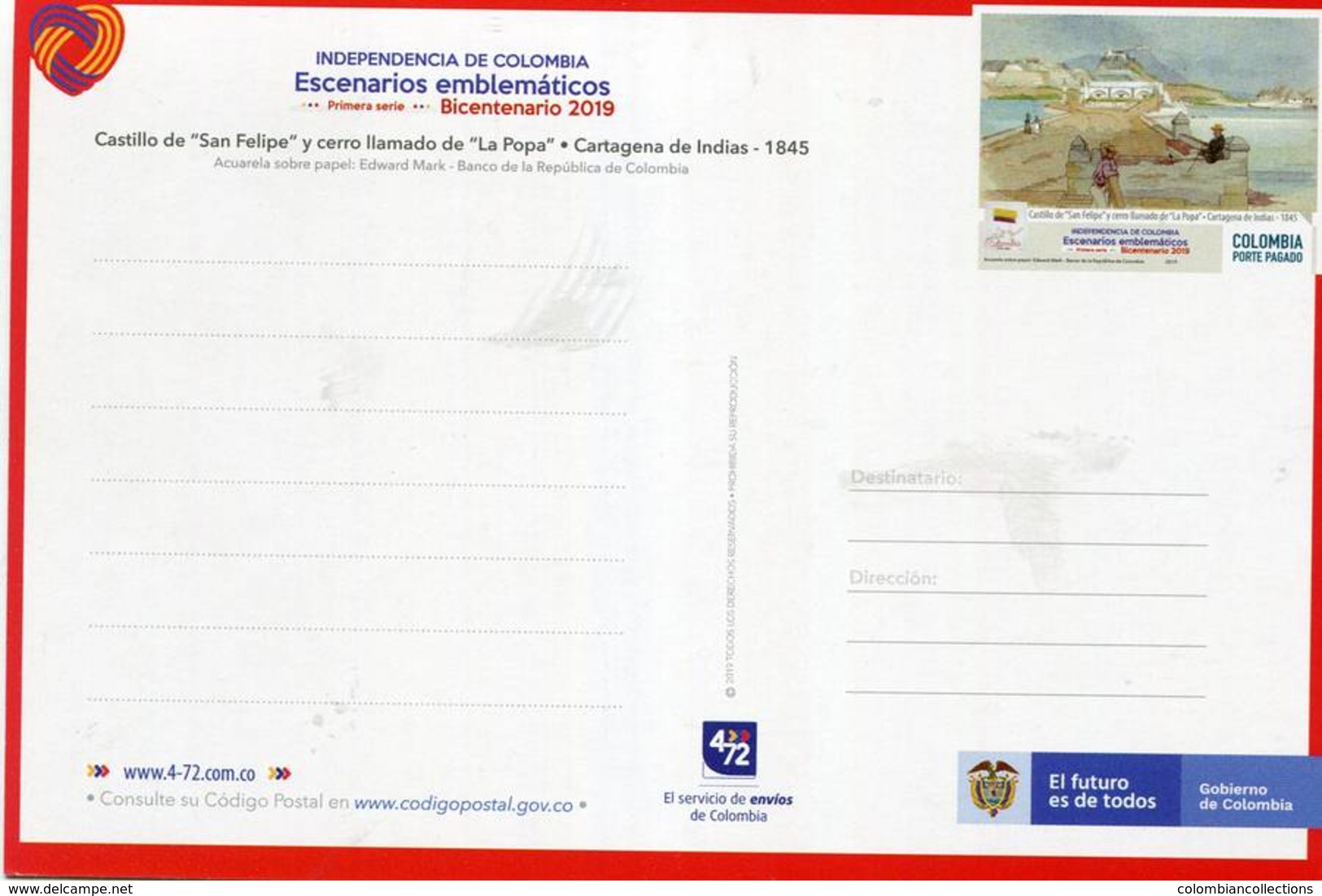 Lote PEP1342, Colombia, 2019, Entero Postal, Postcard, Historia, History, Cartagena, Heritage City - Colombia