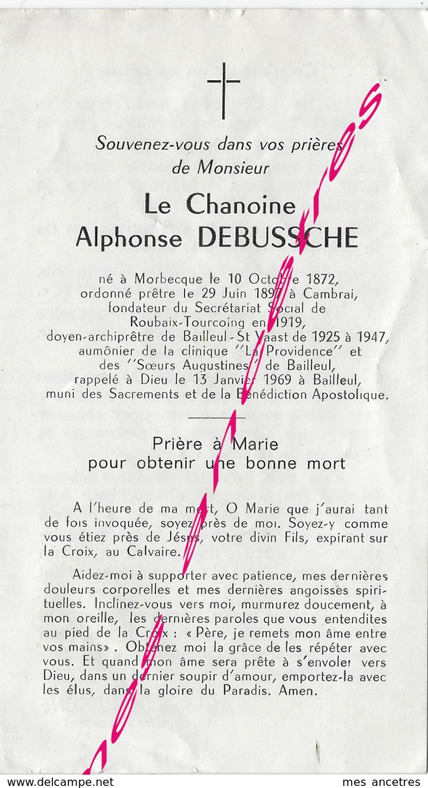 En 1969 Bailleul Roubaix Tourcoing Cambrai Morbecque (59)  Chanoine  Alphonse DEBUSSCHE - Décès