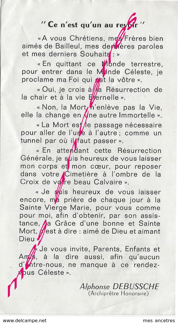 En 1969 Bailleul Roubaix Tourcoing Cambrai Morbecque (59)  Chanoine  Alphonse DEBUSSCHE - Décès