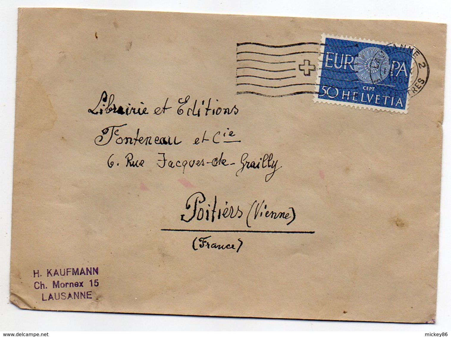 Suisse-1960--Lettre De LAUSANNE Pour POITIERS-86 (France)--timbre EUROPA Seul Sur Lettre-cachet - Brieven En Documenten