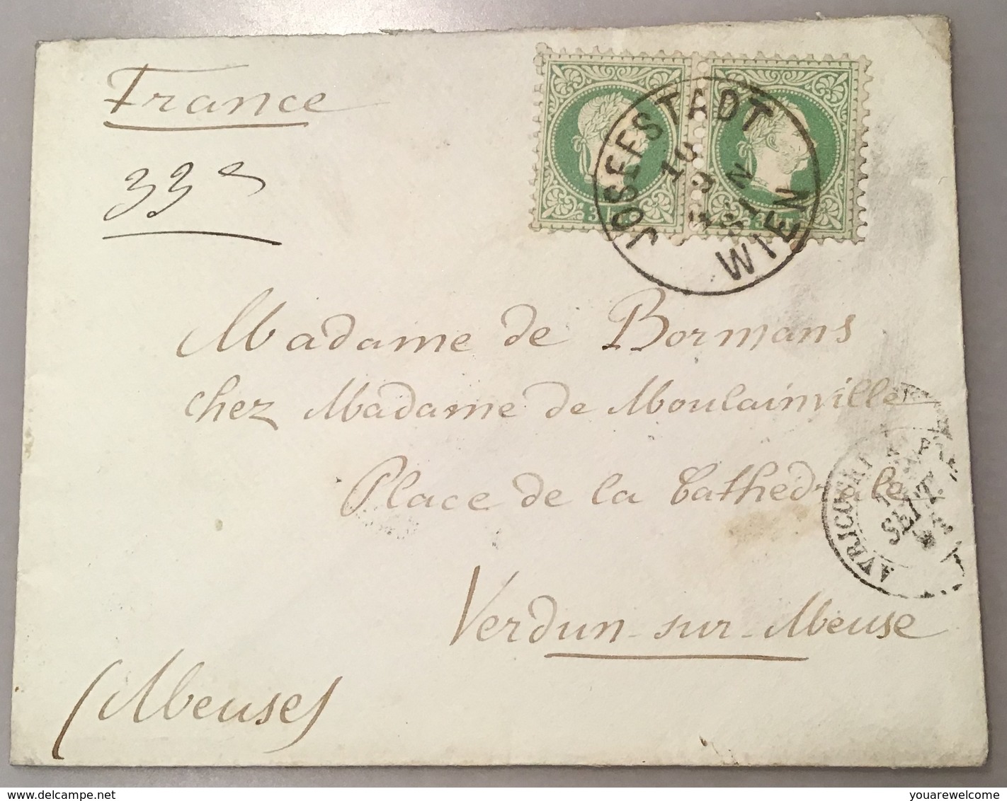 1867 Ausgabe „JOSEFSTADT WIEN 1881“ 3kr + 2Kr Paare > FRANCE Verdun Sur Meuse(lettre Österreich Brief Frankreich Cover - Briefe U. Dokumente