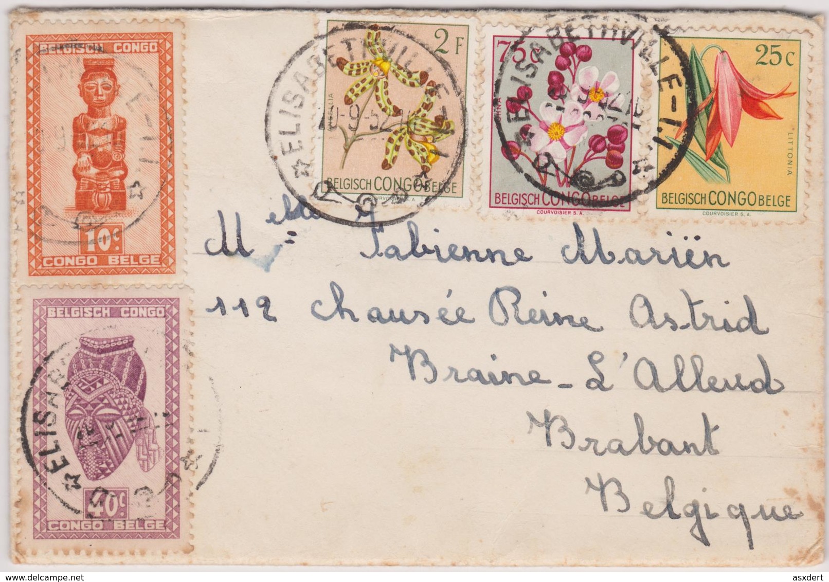 Doc. Congo Belge - Elisabethville Vers Braine-L'Alleud 1952 - Lettres & Documents