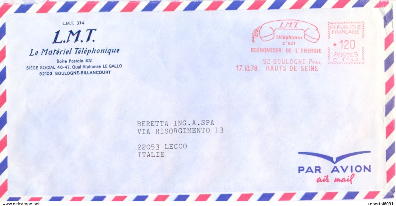 France 1978 Cover To Italy With EMA Franking Telephone Meter Cancel - Telecom